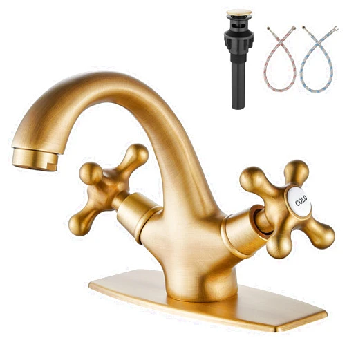 Aolemi Bathroom Sink Faucet Single Hole Cold and Hot Double Handle Cross Knobs Vanity Vessel Sink Basin Mixer Tap with Deck Cover Plate with Pop Up Drain Antique Brass