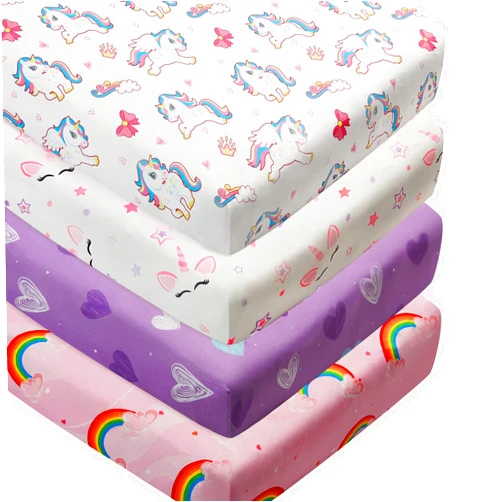 Jola's House 4 Pack Soft Baby Girl Crib Sheets for Standard Crib Mattress Unicron Rainbow Heart Cute Neutral Polyester Unisex Fitted Crib Sheets Set for Baby Girls