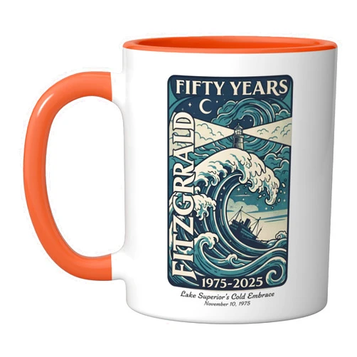 SS Edmund Fitzgerald Co. SS Edmund Fitzgerald Lake Superior Iron Ore Ceramic Mug, Orange/White