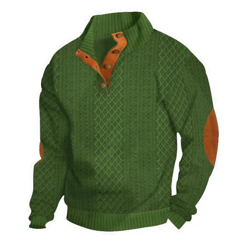 Generic Men's Jacquard Stand Collar Button Down Sweatshirt Fashionable Knit Leisure Pullover Fall and Winter Casual Top
