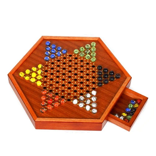 Agirlgle 15-Inch Wooden Chinese Checkers Board Game Set – Classic Strategy Game with 72 Glass Marbles, Dual-Sided Storage Drawer, Family Board Games for Adults, Educational Travel and Indoor Game