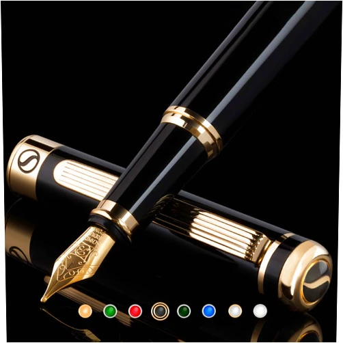 Scriveiner Luxury Fountain Pen - Stunning Black Lacquer Pen, Real Gold Finish, Schmidt Gilded Nib (Broad), Converter, Best Pen Gift Set for Men & Women, Professional, Executive, Office, Nice Pens