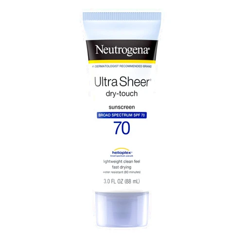 Neutrogena Ultra Sheer Dry-Touch Sunscreen Lotion, Broad Spectrum SPF 70 UVA/UVB Protection, Lightweight Water Resistant, Non-Comedogenic & Non-Greasy, Travel Size, 3 fl. oz