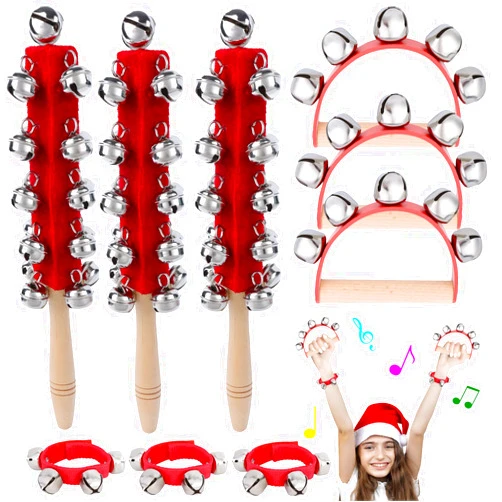Qukpa 9 Pieces Christmas Handle Jingle Bells Wooden Hand Sleigh Bells Wrist Band Jingle Bells Shaker Bells with Wooden Grip for Kids Music Enlightenment Instruments