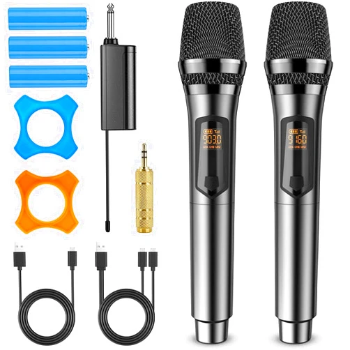 Saiyin Rechargeable Wireless Microphones,UHF Dual Handheld Dynamic Mic Karaoke System with Rechargeable Microphones and Receiver, 200 ft Range, 1/4’’＆1/8’’ Output for Amplifier, PA System