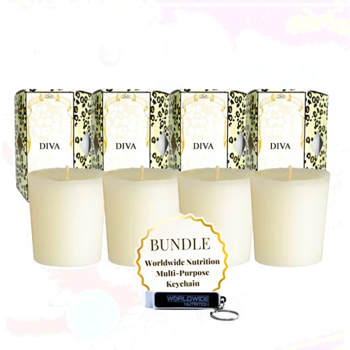 Worldwide Nutrition Bundle: Tyler Candle Company Diva Votive Candles - Luxury Scented Candle with Essential Oils - 4 Counts of 2 oz Small Candles and Multi-Purpose Key Chain