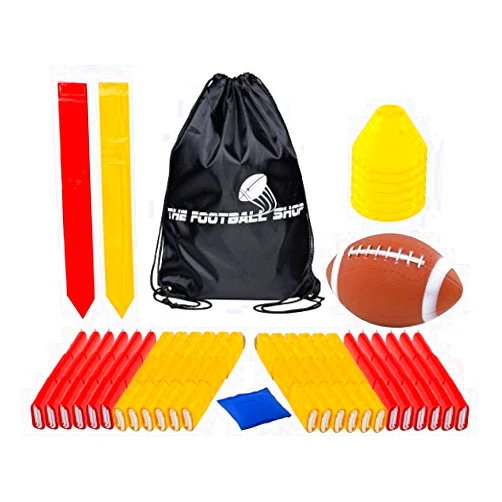 The Football Shop Flag Football Set for 12 Players - Includes Durable Flag Belts and Flags, Cones, Bean Bag, Carrying Backpack, and Football - Huge 55 Piece Complete Set