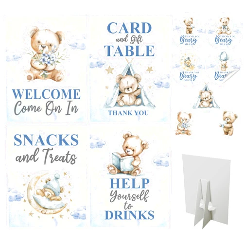 Bella and Bentley Novelty 80 Pcs We Can Bearly Wait Baby Shower Decorations Teddy Bear Boy Blue - 4 Table Centerpieces Welcome Sign, 36 Bear Cupcake Toppers, 40 Thank You Beary Much Stickers