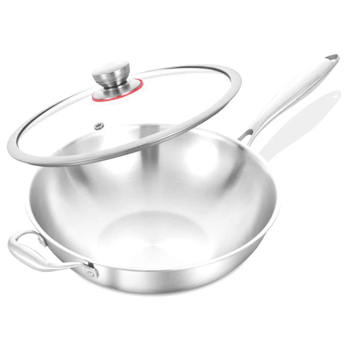 LOLYKITCH 12 Inch Tri-Ply Stainless Steel Wok Pan with Lid, Stir-Frying Pan,Induction Cooking Pan,Dishwasher and Oven Safe,Heavy Duty and Detachable Handle.
