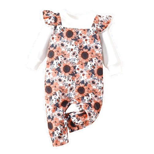 Generic Toddler Jumper Outfit Kids Toddler Infant Newborn Baby Girls Long Ruffled Sleeve Floral Print Romper (White, 6-9 Months)