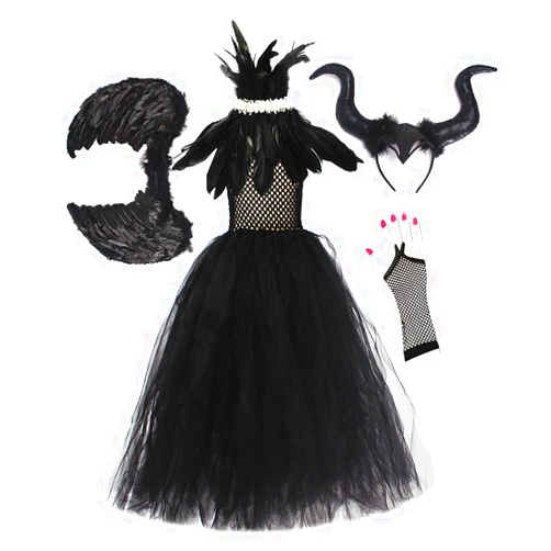 IBTOM CASTLE Halloween Costume for Girls Kids Black Tulle Witch Gown Horns Headband Wings Costume Set Carnival Fancy Dress Up