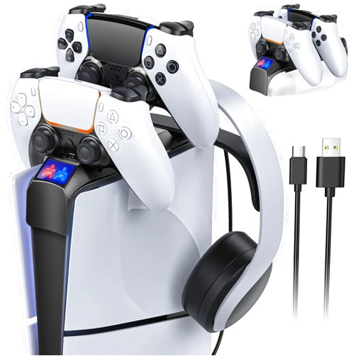 MENEEA Controller Charger for PS5 Slim Console, Top Charger Station for PS5 Controllers & Edge Controller, Charging Dock with Headset Holder for PlayStation 5 Slim Disc & Digital Console 2023