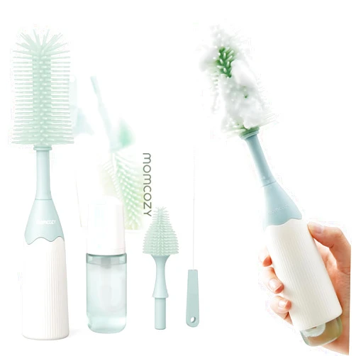 Momcozy Bottle Brush Kit, Innovative Push-Press Design for Better Cleaning - Baby Bottle Cleaner Brush for Baby Bottle, Breast Pumps, Nipples, and More - Can Generate Foam for Better Cleaning, Green
