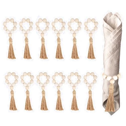 Elvaesther Wood Bead Garland, 12pcs Natural Wooden Beads Napkin Rings with Tassels Napkin Holders Farmhouse Wooden Bead for Wedding Table Prayer Hanging Decor