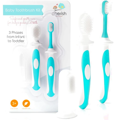 Cherish Baby Care Baby Toothbrush & Toddler Toothbrush Set (0-2 Years) - BPA-Free & Safety-Tested, 2023 Award Winner, Food-Grade Silicone (Teal)