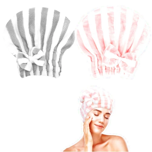 Unaone 2 Pack Microfiber Hair Drying Towels, Super Absorbent Turban Hair Towel Cap, Quick Dry Head wrap with Bow-Knot Shower Cap for for Curly, Long, Thick Hair & Wet Hair (Pink & Gray)