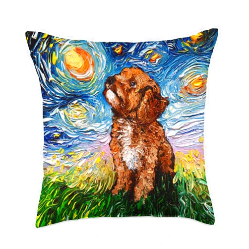Sagittarius Gallery Cavapoo Starry Night Impressionist Dog Art by Aja Throw Pillow