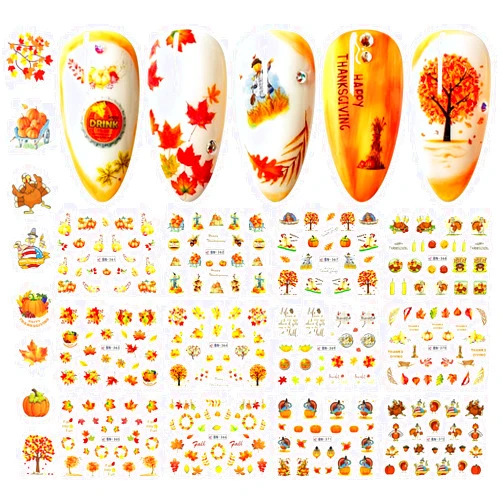 FUMIHIT 12 Sheets Fall Nail Art Stickers Thanksgiving Nail Decals Water Transfer Foils Maple Leaf Pumpkin Turkey Autumn Nail Stickers for Women Girls Kids DIY Fingernail Toenail Decoration Manicure