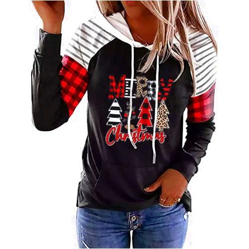 Susongeth Merry Christmas Buffalo Plaid Leopard Tree Hoodie Shirt Women Christmas Color Block Plaid Long Sleeve T-Shirt Tops