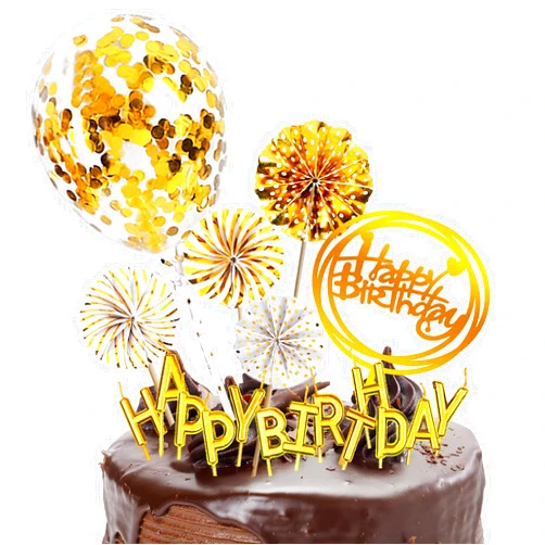 IEALODS Gold Cake Topper Decoration with Happy Birthday Candles, Acrylic Birthday Cake Topper, Confetti Balloon and Paper Fans for Gold Theme Party Decor Women Man Girls Boys