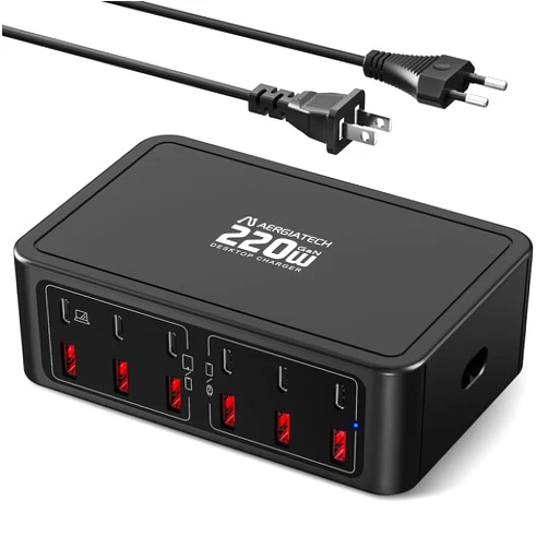 Aergiatech 220W USB C Charging Station, 12-Port GaN Charger Hub,65W Laptop Charger Adapter for MacBook Pro/Air iPad Pro iPhone Google Pixelbook ThinkPad Dell XPS Galaxy S23 Steam Deck -Black