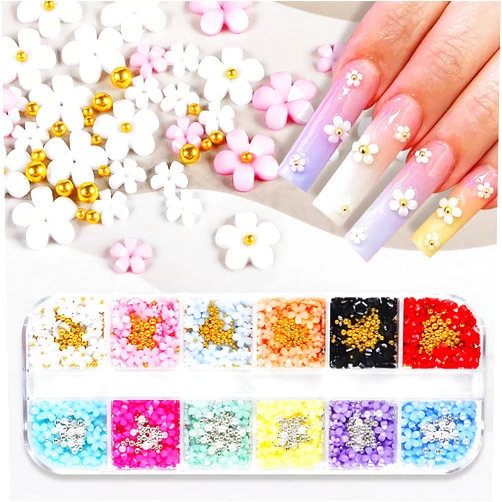 Tyuimhx 12 Grid 3D Flowers Nail Charms Acrylic Colorful Flowers Nail Art Rhinestones Gold and Silver Pearl Designs White Pink Floral Nail Supplies DIY Manicure Accessories for Women Decorations