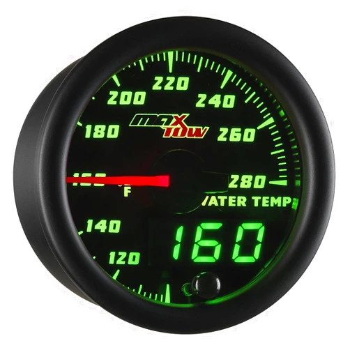 MaxTow Double Vision 280 F Water Coolant Temperature Gauge Kit - includes Electronic Sensor - Black Gauge Face - Green LED Illuminated Dial - Analog & Digital Readouts - for Trucks - 2-1/16