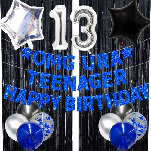 Pinkblume Blue Omg Ur A Teenager Happy Birthday Banner Black Foil Fringe Curtain Backdrop Silver Balloon 13 for Boys Official Tennager 13th Birthday Decorations Cheers to 13 Years Old Bday Party Supplies
