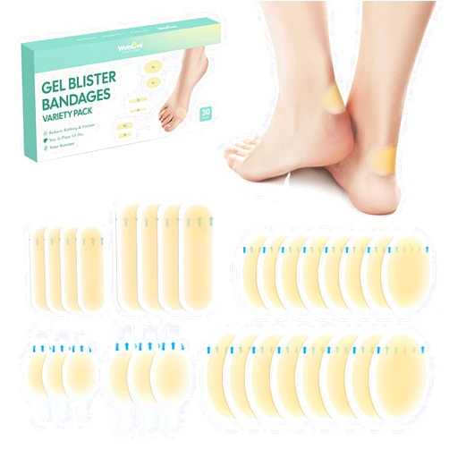 Welnove Gel Blister Bandages for Feet - 30ct Blister Cushion for Heel, Toe - Water-Resistant Hydrocolloid Bandages - Blister Pads for Prevention & Recovery