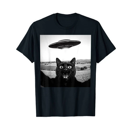 Black Cat Selfie Apparel Gifts Graphic Tee Black Cat Selfie UFO Alien Funny Gifts For Men Women Kids T-Shirt