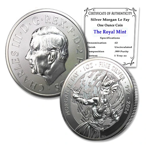 MINT STATE GOLD 2024-1 oz British Silver Morgan Le Fay Coin by the Royal Mint Brilliant Uncirculated with Certificate of Authenticity £2 Seller BU
