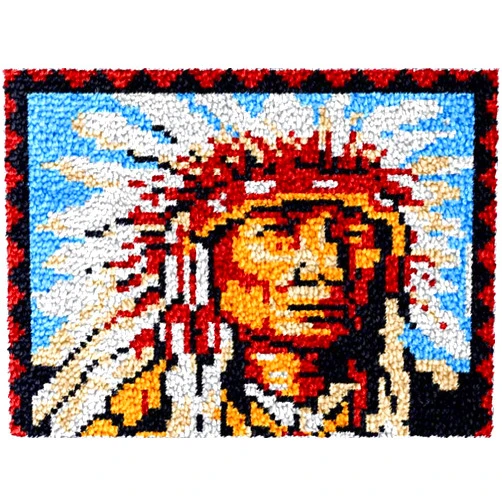 Generic Latch Hook Kits Rug Indian Chief DIY Cushion Tapestry Making Crochet Hook Mat Making Kits Color Preprinted Pattern Canvas DIY Hooking Needlework Crochet Kits 52x38cm (S11-54)