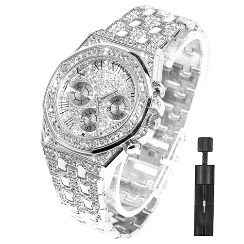 Apzzic Diamond Iced Out Watch CZ Gold Plated 40mm Width Roman Numerals Dial Quartz Wristband Watch for Men Women