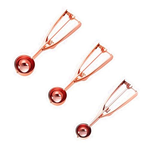 Chihuo Cookie Scoop Set of 3 - Stainless Steel Ice Cream Scooper with Trigger, Small, Medium and Large Cookie Scoops for Baking, Cookie Dough Scoop-Rose gold_SML