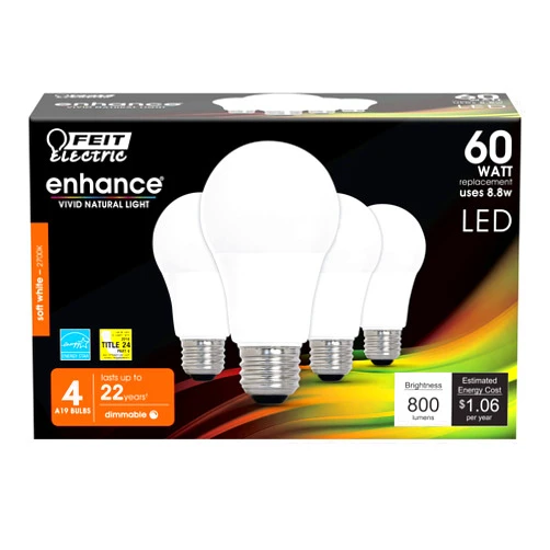 Feit Electric Enhance LED A19 Light Bulb, 60W Equivalent, 8.8W, 800 Lumens, 2700K Soft White, 90+ CRI, Dimmable, E26 Base, Enclosed Fixture & Outdoor Safe, 25,000-Hour Lifespan, OM60DM/927CA/4, 4 Pack