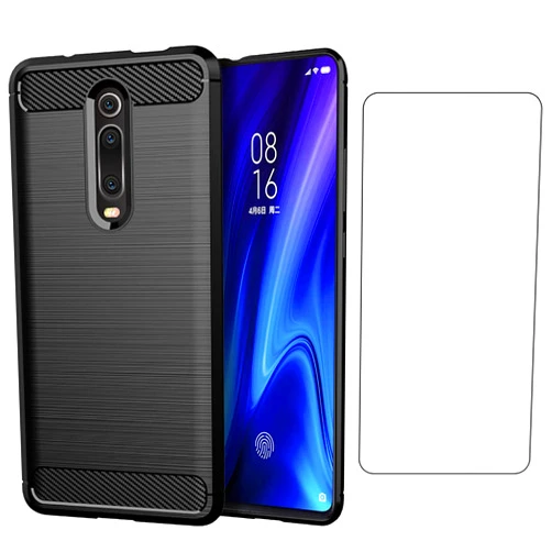 Asuwish Phone Case for Xiaomi Mi 9T/Mi9T Pro/Redmi K20/RedmiK20 Pro with Tempered Glass Screen Protector Cover and Cell Accessories Soft Silicone Protective Mi9TPro Women Men Carbon Fiber Dark Black