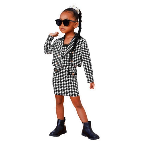 WDIRARA Girl's 2 Piece Outfits Houndstooth Print Double Button Long Sleeve Jacket and Cami Dress Set