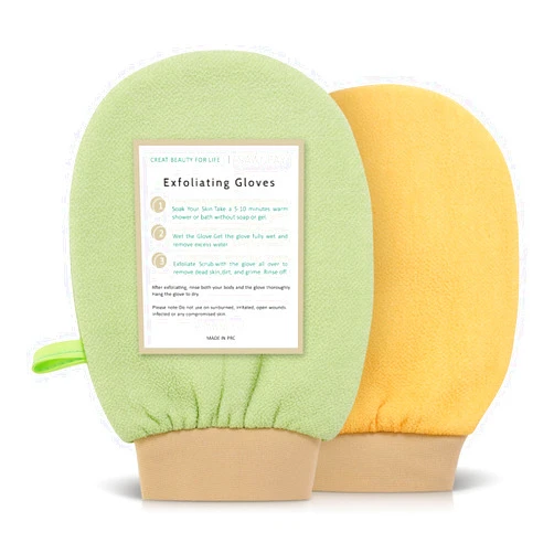 Sawnfay Exfoliating Glove 2 pcs, Exfoliating Mitt for Bath and Shower, 100% Vegan Viscose exfoliating body scrubber, Dead Skin Remover & Body Scrubber Exfoliator, (Beige&Green)