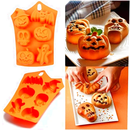 W WEI YING Halloween Silicone Mold, 2 Pack Silicone Baking Mould, Nonstick Muffin Mold with Halloween Pumpkin Molds, Evil, Skull, Ghost, Perfect to Make Chocolate, Ice Cube, Soap Mold