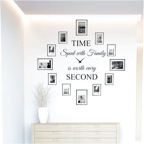 World of Wall Decal Time Spent with Family is Worth Every Second Wall Decal Decor Clock Family Quote Saying Vinyl Wall Art DIY The Photo Frames are not Included (22Wx22L) Matte Black