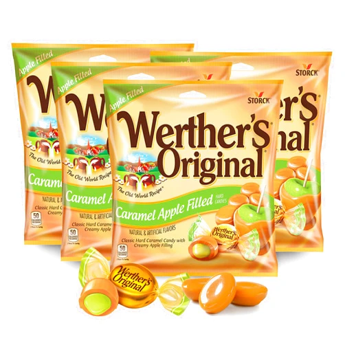 Munch Mania Werthers Original Caramel Apple Filled Hard Candies, Pack of 4 (2.65 oz each) - Individually Wrapped Candy, Caramel Candy, Hard Candy, Gourmet Caramels, Hard Caramel Candy with Apple Filled Center