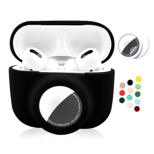 Enspito 2 in 1 Protective Case for Apple AirPods Pro Air Tag Holder Combo, Soft Silicone Airpods Pro AirTag Case with 2 PCS Screen Protector, Anti-Scratch Anti-Fall Anti-Lost Shockproof Durable(Black)