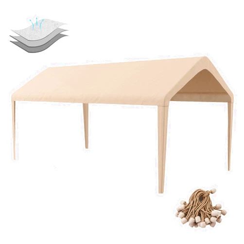 Birodeko Carport Replacement Canopy Cover 12'x20' for Tent Top Garage Shelter Cover with Ball Bungees, 800D Oxford Carport Replacement Cover Waterproof & UV Protection, Not Included Frame (Light Brown)