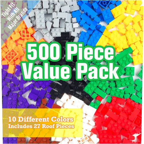 SCS Direct Building Block Bricks - Set of 500 Pc Bulk Set - 10 with 27 Bonus Roof Pieces - Tight Fit with All Major Brands- Great for Activity Tables, Creativity and School Projects