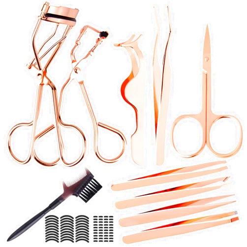 Calary 50PCS Eyelashes Tools with Eyelashes Scissors Eyelash Extension Clip Eyelash Eyebrow Brush Comb and Silicone Refill Pads (Rose Gold)