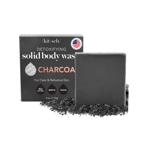Kitsch Charcoal Soap Bar - Black Soap Bar for Detoxifying Skin | Charcoal Bar Soap for Men | Activated Charcoal Soap for Women Made in USA | Carbonic Soap Bar & Vegan Black Bar Soap for Oily Skin, 4oz