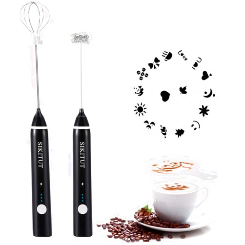 SIKITUT Rechargeable Milk Frother, Electric Foam Maker with 2 Stainless Steel Whisks, for Dalgona Coffee Latte Cappuccino Egg Mix and More, Bonus Extra 16 Pcs Art Stencils