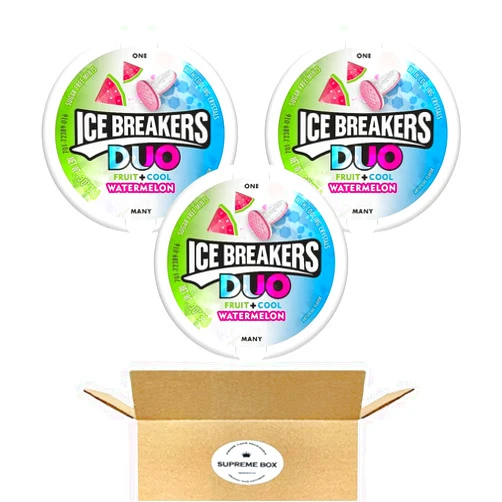SUPREME BOX ICE BREAKERS Fruit + Cool Watermelon Sugar Free Mints 1.3 oz Tins - Pack of 3 (3.9 oz in total)