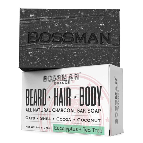 Bossman Men’s Bar Soap 4-in-1 – All Natural Organic Beard Wash, Shampoo, Body Wash, Shaving and Bath Soap - Essential Beard Care (4oz), Scent- Eucalyptus and Tea Tree (1)