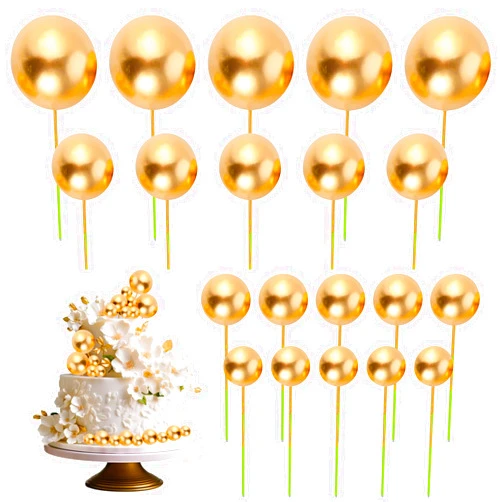 PEOVLVN 20 Pcs Ball Cake Topper, Gold Balls for Cake Decorating Cake Toppers Happy Birthday DIY Cake Insert Topper Ball Cake Picks for Wedding Anniversary Birthday Cake Decorations (4 Sizes)